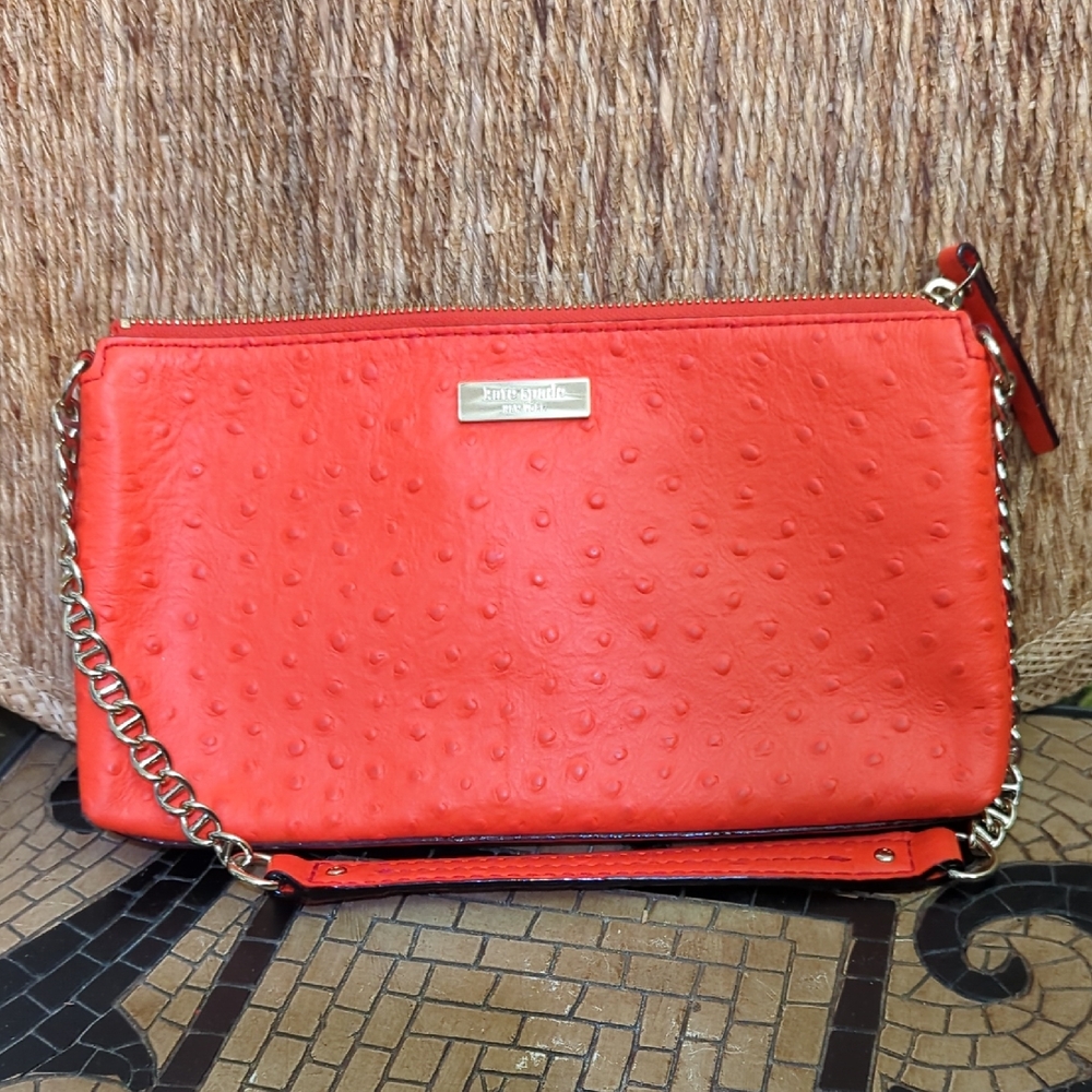 NWOT Kate Spade Orange 🧡 Leather Wellesley Ostrich Chain Clutch - Never Used!